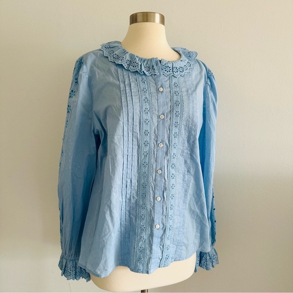 NWOT New J.Crew Eyelet Trim Button Up Shirt Frozen Lake Color L - Picture 4 of 10